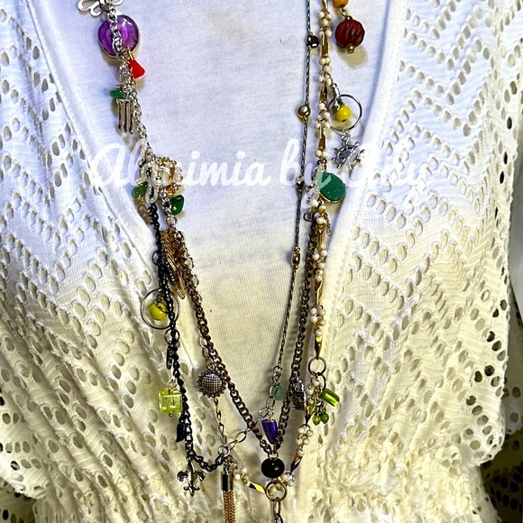 Peridot and silver  statement necklace layered multi charms bohemian extra long - Picture 1 of 16
